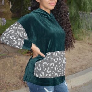 Velour Hoodie with Animal Print Contrast